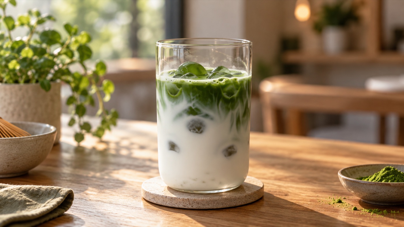 A tall glass of iced matcha latte on a wooden table, the green tea swirling down into the milk, with a whisk bowl and soft window light nearby.